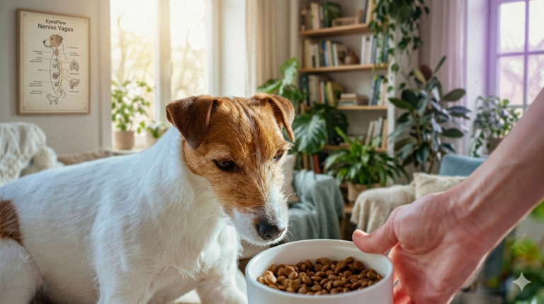 Tevreden Jack Russell Terrier kijkt naar een kom met hondenbrokken die hem wordt aangereikt, met op de achtergrond een diagram van het nervus vagus KynoFlow-systeem. Een sfeervolle header over de impact van smaakstoffen zoals glutamaat op de rust van je hond.