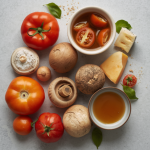 Natuurlijke bronnen van umami-smaak zoals tomaten en bouillon